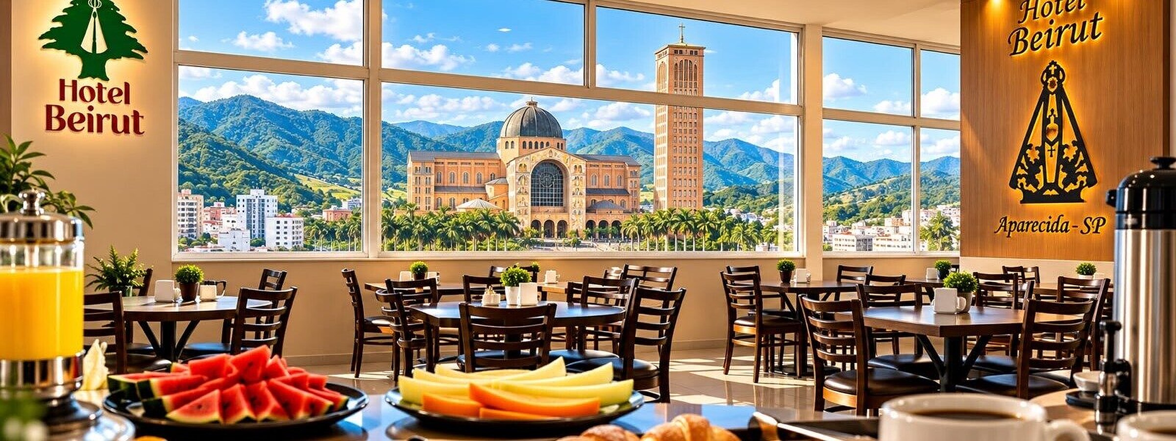 Restaurante do Hotel Beirut em Aparecida, com vista para a Basílica